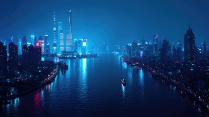 Fototapeta premium A vibrant cityscape at night, illuminated by neon lights.