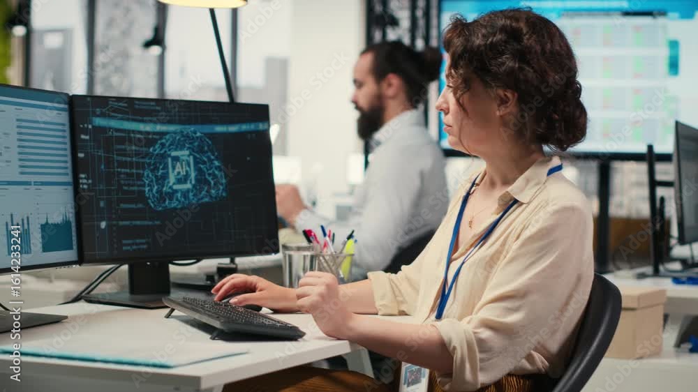 Poster woman employee using ai machine learning for efficiency recognition, using a synergy of data sharing