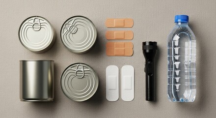 Emergency relief supplies including canned food and water, symbolizing vital humanitarian aid and disaster preparedness