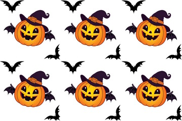 Cute Halloween seamless with evil pumpkins and bats illustration design on white background.