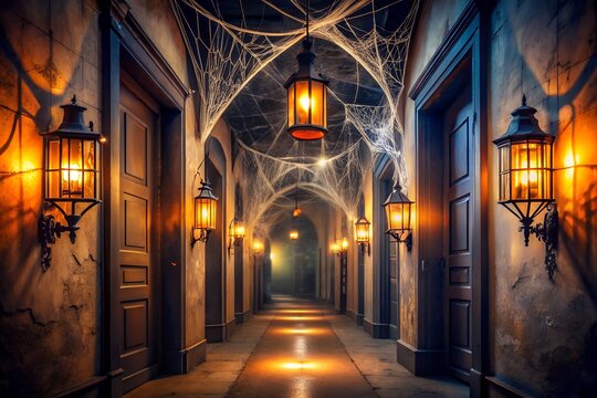 A long, dark, and spooky haunted house corridor filled with cobwebs and glowing lanterns