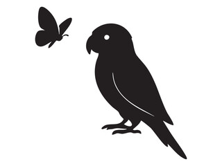 Fototapeta premium Black silhouette of parrot with butterfly, isolated on white background, graphic illustration. concept of bird, nature, wildlife, exotic animal, tropical art, logo, design element