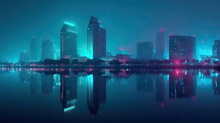 Fototapeta premium Neon-lit city skyline reflected in a calm lake at night.