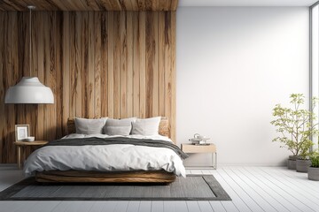 Minimalist bedroom interior with wooden paneling and blank white wall for design placement. 3D Rendering. High quality