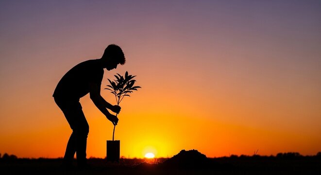 Silhouette of a young person planting a tree at sunset, symbolizing hope, youth action, and environmental sustainability - Powered by Adobe