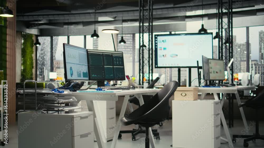 Poster empty business workplace filled with desks and dual monitors, modern and digital equipment to ensure