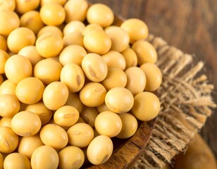 Close-Up of Raw Soybeans in Wooden Bowl on Rustic Burlap – Organic Plant-Based Protein Source