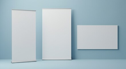Three blank display boards (1 tall, 2 wide) on a light blue wall; minimalist design evokes professionalism; soft lighting highlights the clean surfaces.