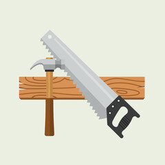 Hammer saw and wood plank on a light background representing carpentry tools.