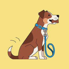 Cartoon dog sits with a leash on a yellow background.