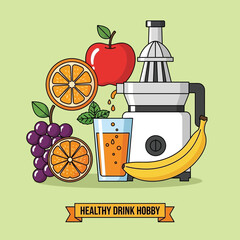 Illustration of a juicer with various fruits and a glass of juice.