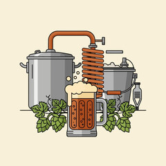 Brewing equipment with beer mug and hops on a light background.