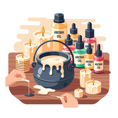 Cauldron with liquid surrounded by bottles candles and wooden board illustration.