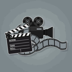 Film camera clapperboard and film reel on gray background representing cinema industry.