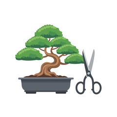 Bonsai tree in a pot with scissors on a white background.
