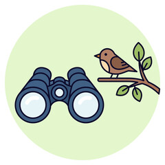 Binoculars and a bird on a branch inside a light green circle.