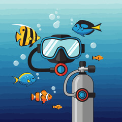 Scuba diving mask tank and colorful fish underwater in blue gradient background.