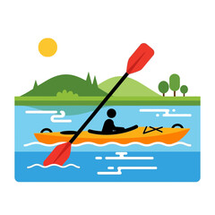 Person kayaking on water with paddle hills trees and sun in background.