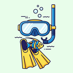 Snorkeling gear with mask snorkel fins and fish illustration on light green background.