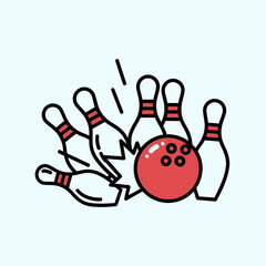Bowling ball hitting pins illustration on a light blue background.