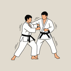 Two figures in white uniforms engaged in martial arts combat illustration.