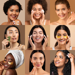 A collage of women engaging in various skin care routines at home. Each person uses different...