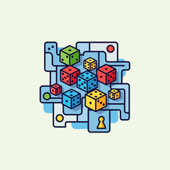 Colorful dice on a light blue geometric background with lines and circles.