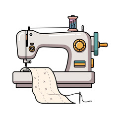 Sewing machine with fabric and thread spool illustration on a white background.