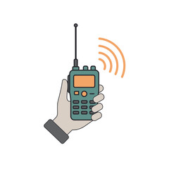 Hand holding a walkie talkie with antenna and signal waves.
