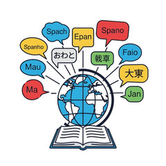 Globe on book with speech bubbles containing words in different languages.