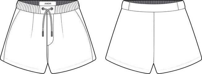 Women's summer shorts front view, back view, drawstring waistband, casual fit, fashion design template, cad drawing flat vector illustration
