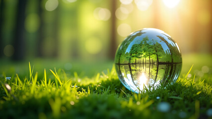 Globe Glass on green grass forest with sunlight. Environment, save world, earth day and conservation Concept..
