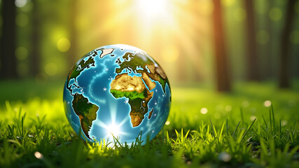 Globe Glass on green grass forest with sunlight. Environment, save world, earth day and conservation Concept..
