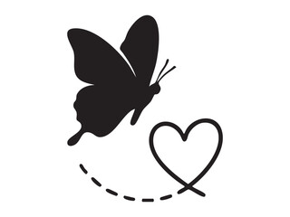 Black silhouette of a butterfly with heart and dotted line, isolated on white background. concept of nature, love, beauty, insect, icon, logo, design element.