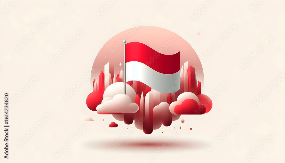 Poster modern indonesian independence day background in soft red tones with elegant floating flag and messa