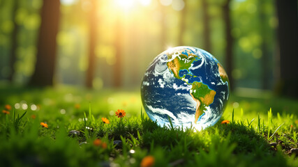 Globe Glass on green grass forest with sunlight. Environment, save world, earth day and conservation Concept..
