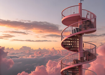 Stunning Pink Spiral Staircase Above Clouds at Sunset