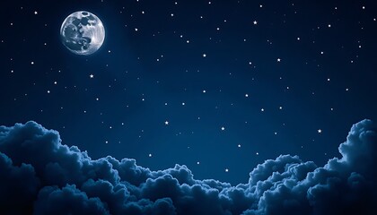 Full Moon and Starry Sky Above Dark Blue Clouds Night Background