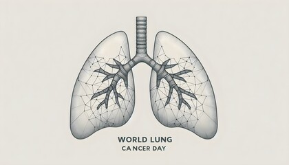 Elegant health awareness poster with line-formed lungs on pale gray backdrop for Lung Cancer Day campaign