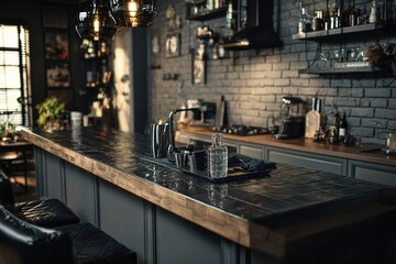Gray kitchen with bar close up. High quality