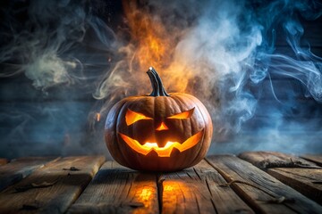 A terrifyingly carved halloween pumpkin glows with an inner fire, surrounded by swirling smoke and flames on a weathered wooden surface