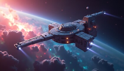 Futuristic Spaceship Flying Through Nebula Cloudscape Space