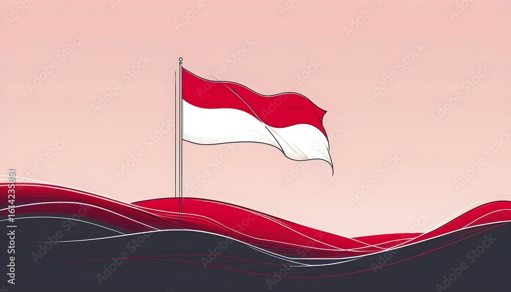 Poster clean patriotic background for 17 august with minimalist red and white tones and flag line art style