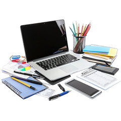 Laptop, papers, and office supplies cluttered on a desk