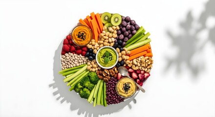 A colorful plate filled with various fruits and vegetables arranged in a circular pattern on a white surface
