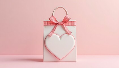 Gift Bag with Heart and Ribbon on Pink Background