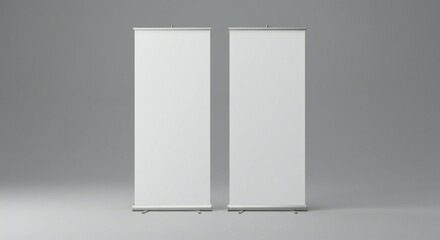 Two blank roll-up banners on a muted gray background, minimalist design, symmetrical layout, neutral lighting, professional atmosphere.