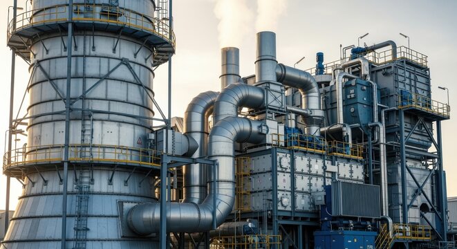 Industrial gas turbine exhaust systems with visible emissions treatment equipment.