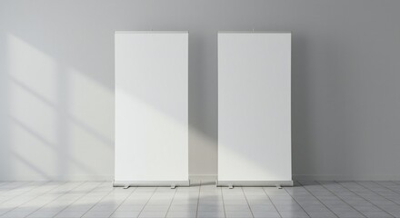 Two white display boards in a minimalist, bright room with gray walls, natural light casting soft shadows on the tiled floor.