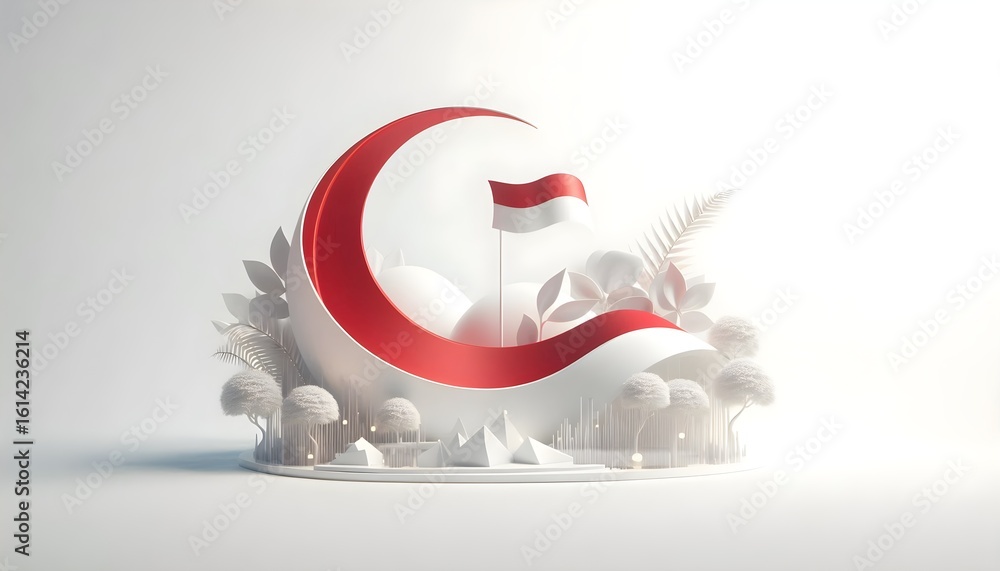 Poster clean and modern design for indonesian freedom celebration with subtle red ribbon and minimalist com